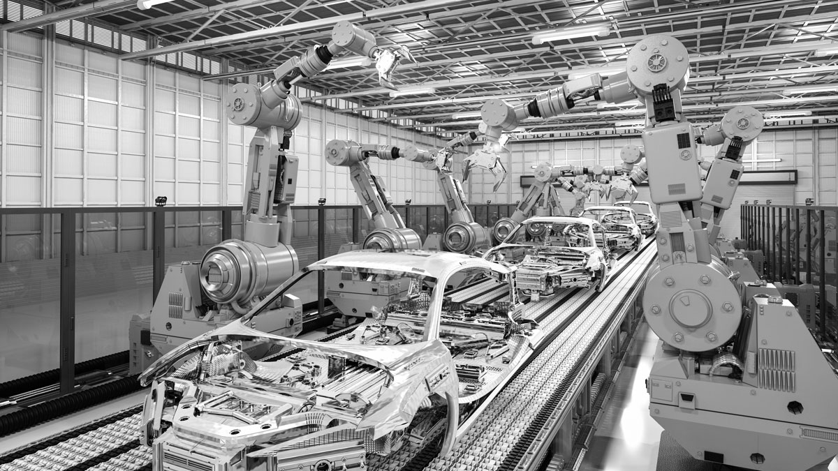 robot assembly line in car factory